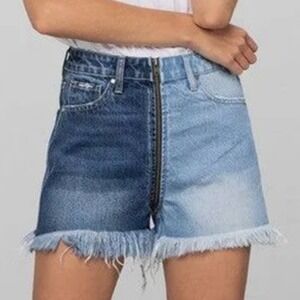 Insane Gene Zip Code Two Tone Denim Shorts Women S Blue Split Color Frayed Hem